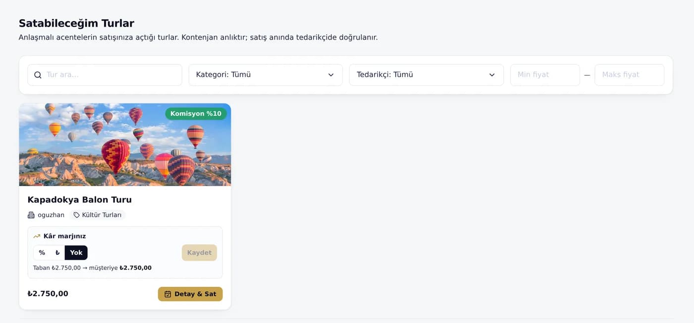 Partner ağı — satabileceğim turlar ekranı